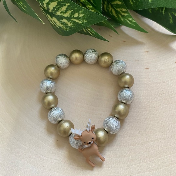 Gold & Silver Wood Beaded Reindeer Charm Bracelet - Picture 1 of 2